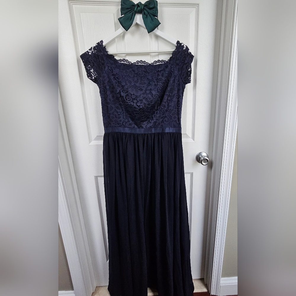 NWT Dressystar Navy Blue Lace Off-Shoulder Maxi Gown - Size Large